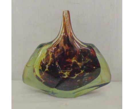 Mdina Michael Harris 1978 Signed Art Glass Specimen Vase, mottled red & blue glass encased green glass 