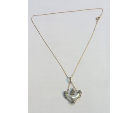 15ct Gold Blister Pearl Rose Cut Diamond Pendant with water pearl drop formed as two handled vase, with diamond set suspensio