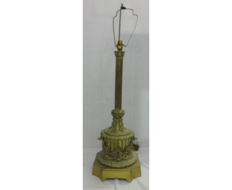 Large Ormolu Lamp Base with re-entrant cornered square base, fluted drum column with leaf & berry border, applied flower head