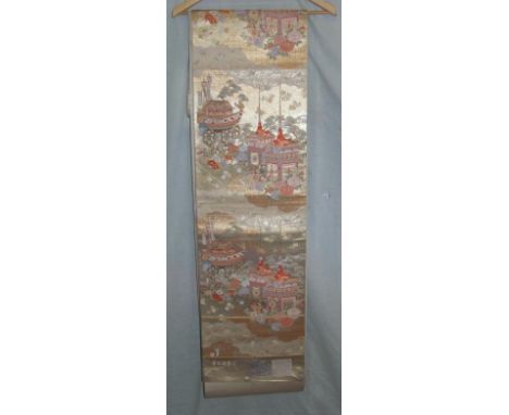 Fine Woven Silk & Metal thread Japanese presentation Obi (Sash) with applied certificate, created with sheeted  boats, sedan 