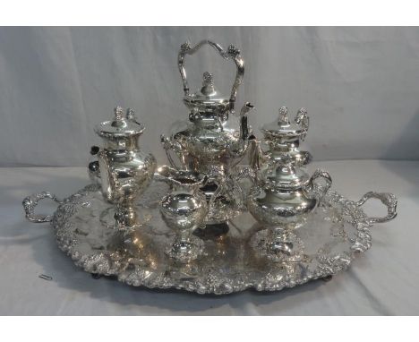 Late C19th/Early C20th Silver Plated Hard Metal 6 Piece American? Tea Service: large oval 2 handled tray with grape vine bord