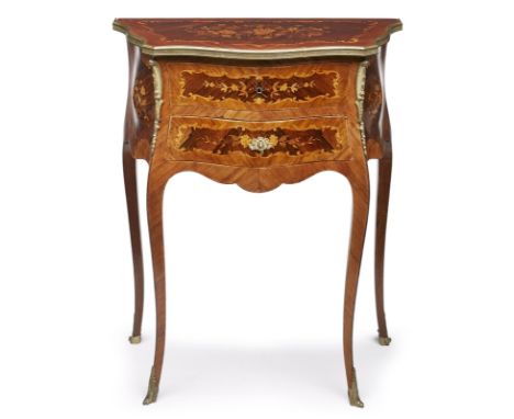 Kl. Kommode, Louis-XV-Stil,Frankreich 20. Jh. Rosenholz furniert m. Palisander furnierten Füllungsfeldern, darin florale Inta
