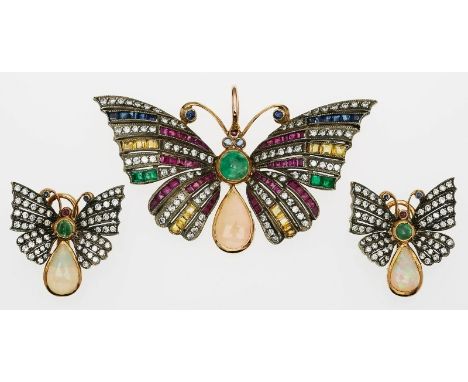 3-tlg. Schmetterling-Schmuck-Garnitur,in d. Art d. Jugendstil, 2. Hälfte 20. Jh. 18 kt GG/Silber, insg. besetzt m. Brillanten