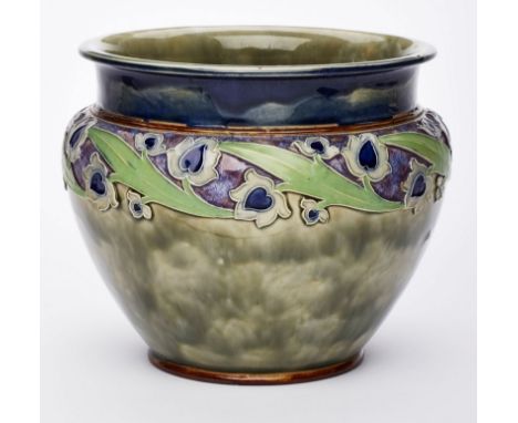 Cachepot, Jugendstil,Royal Doulton um 1900. Beiger Scherben, braun/ grau glasiert, blau/ grün bemalt. Weiter Korpus m. gerund