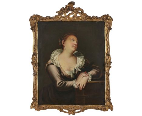 Gemälde Bildnismaler 18. Jh."Portrait einer Frau mit einem Papagei" Öl/Lwd. (doubl.), 77 x 61,5 cm Im geschnitzten Schmuckrah
