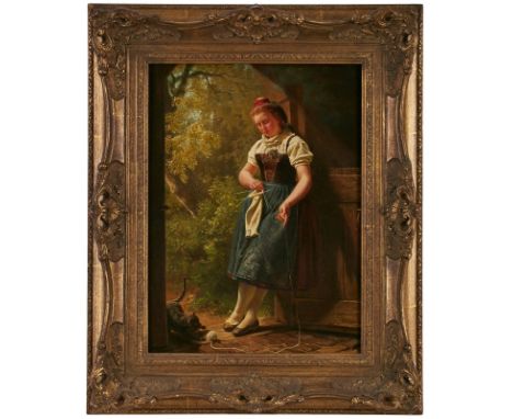 Gemälde Paul Falconer Poole1807 Bristol - 1879 London "Junges Mädchen in Tracht spielt mit einer Katze" u. re. sign. u. dat. 