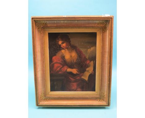 An 18th-19th century oil on canvas, copy of an Old Master, young female seated with inscribed paper, unsigned, 18.5 x 14.5in.