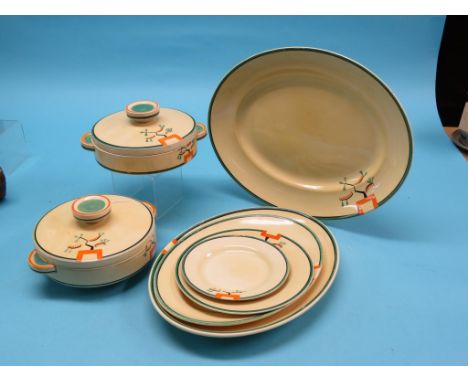 Clarice Cliff, Ravel, part dinner set including three serving plates and pair of covered tureens, 7 items total, and eight va