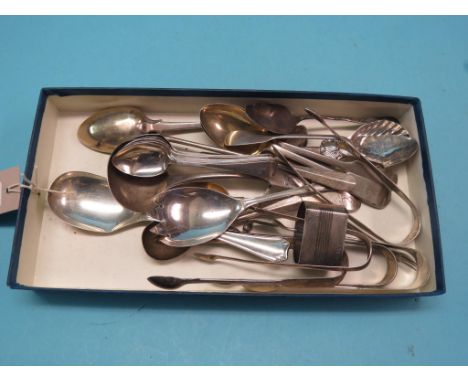 Georgian and later silver flatware, including five pairs of sugar tongs, pair of salad servers and a caddy spoon, approx. 29o
