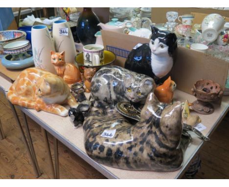 Three large Winstanley ceramic cat models, other ceramic animals, pair of Eastgate vases, horse brasses, etc.