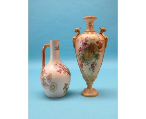 A Royal Worcester ivory-ground vase, brightly painted with flowers, date-code 1904, 14in., a similar jug, faults, Flight, Bar