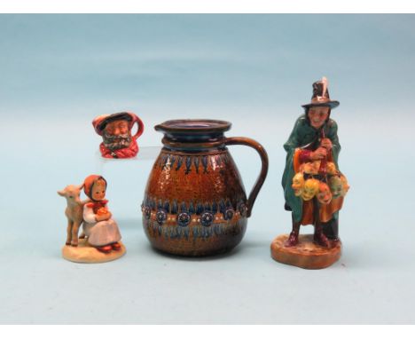 A Royal Doulton figure, Mask Seller, HN2103, miniature character jug, Falstaff, D6519, a Doulton Lambeth stoneware jug, 6in. 
