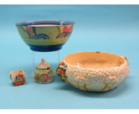 An early Clarice Cliff Fantasque fruit bowl, enamelled with stylised plants, 8.75in. - rim chips, together with a Clarice Cli