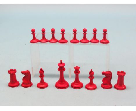 A Jaques ivory Staunton-pattern chess set, red-stained and natural, white King signed beneath, Kings 2.75in. - white King fin