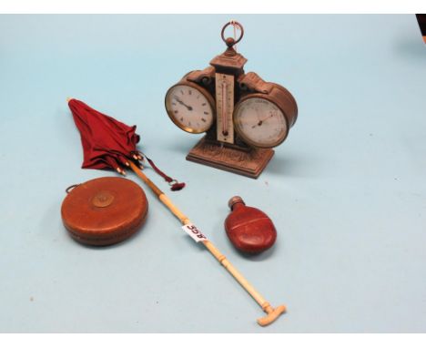 A spelter desk-top clock-barometer, with thermometer, in architectural case, with key, 9in. high, together with an ivory-hand