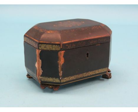 An early 19th century Chinese export papier mache tea caddy, octagonal-shape with engraved pewter canisters, on carved giltwo