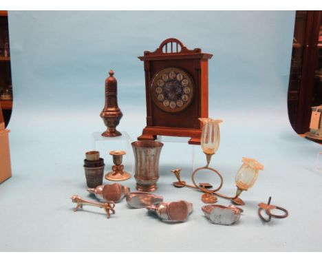 A late Victorian walnut mantel clock, with aesthetic ceramic dial, French timepiece movement, 10in. high, set of four alumini