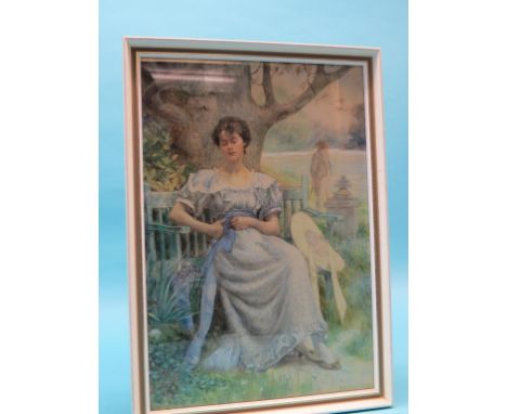 H. E. Tidmarsh - watercolour, young female seated upon park bench, signed and indistinctly dated, 22 x 15in.