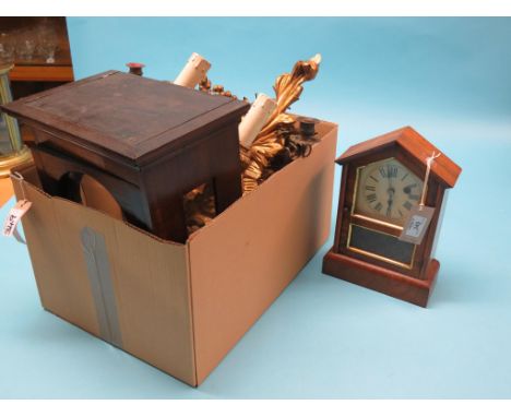 A 19th century Teutonia mantel clock, in architectural walnut case, with key and pendulum, 11in., a dark oak clock hood, 13in