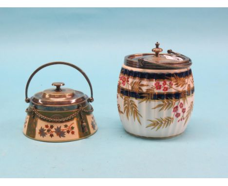 A Macintyre earthenware biscuit barrel, with silver plated mount, and a Spode biscuit barrel, both with silver plated covers,