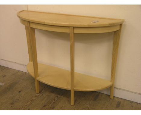 A pair of modern light wood hall tables, half-round shape, each with segment-veneered tops and undertiers, 3ft. 7in.