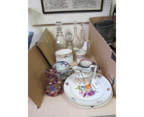 Early 19th century porcelain teaware, two creamers and oval box, Spode Stone China tea cup and saucer, pair of glass mallet d