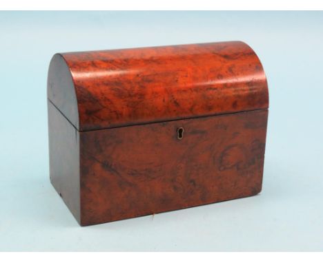 A Victorian burr walnut tea caddy, dome-shape with single covered canister, replacement pressed glass mixing bowl, 9in.
