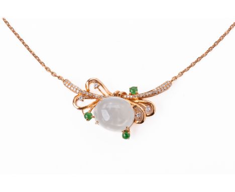 A JADE AND DIAMOND PENDANT NECKLACE
Set in 18k rose gold, the foliate pendant set with an icey jade cabochon, small green jad