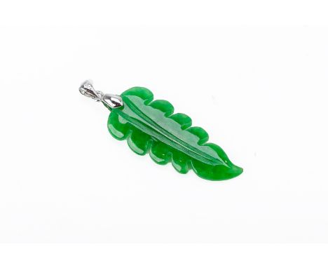 A JADE LEAF PENDANT
Naturalistically carved with 18k white gold bale
5cm including the bail; 2cm widest
5g
Condition: For a c