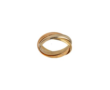A CARTIER THREE COLOUR GOLD TRINITY RING
In 18k gold, with three interlaced bands, marked Cartier and 750, with original box 