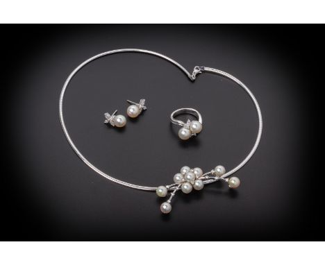 A CULTURED PEARL AND DIAMOND RING, NECKLACE AND EARRING SET
The necklace in platinum, with a central floral spray of pearls a