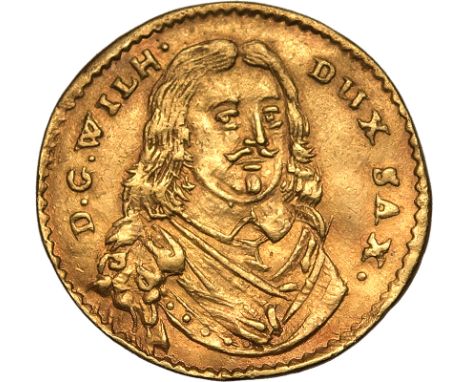 GERMAN STATES. DUCHY OF SAXE-WEIMAR. Wilhelm IV. Gold half ducat, 1654. Very rare.Draped bust right; D G WILH DUX SAX. Obv: L