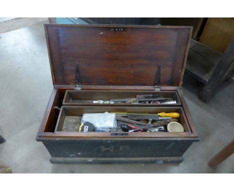 A Victorian pine tool chest with tools