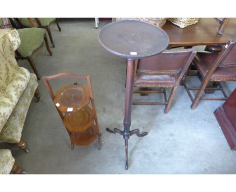 A mahogany tripod jardiniere stand and a folding cake stand