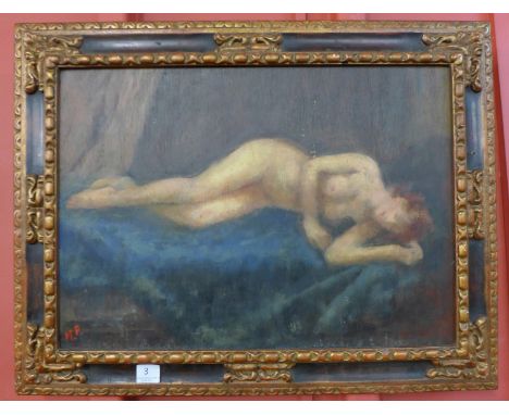 French School, Post Impressionist reclining female nude, oil on panel, framed