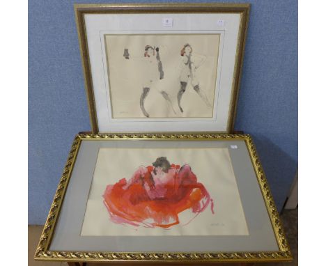 * Collins (1970's), abstract portrait of a lady and female nude study, pen, ink and watercolour, framed