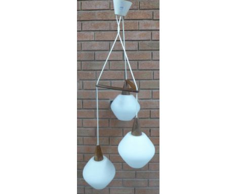 A Danish teak boomerang and milk glass ceiling light, by Jo Hammerborg for Fog & Morup