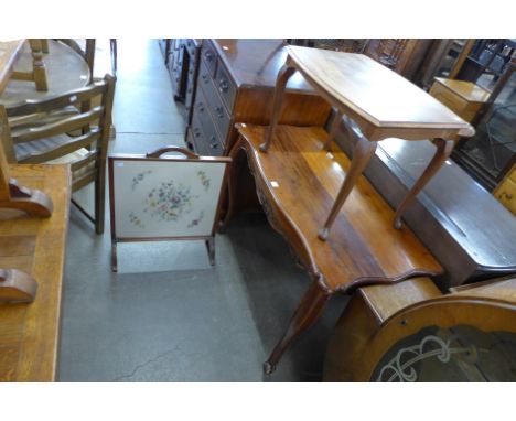 A French style mahogany console table, fire screen and occasional table
