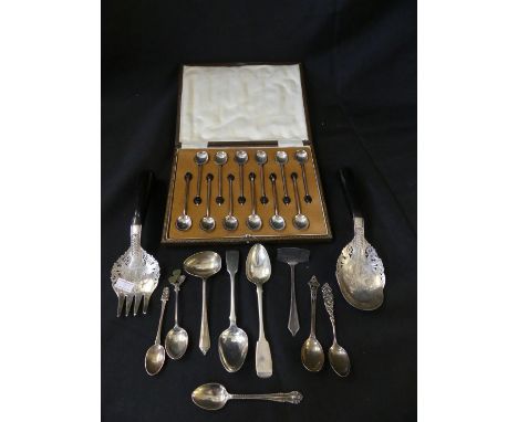 A cased set of silver bean end coffee spoons together with various silver and white metal cutlery to include salad servers 