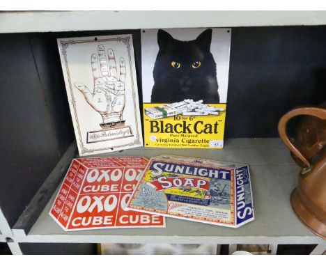 Four reproduction enamel advertising signs comprising OXO, Sunlight Soap, Black Cat Cigarettes and Palmistry (4) 