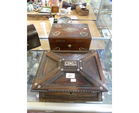 Two Victorian mother of pearl inlaid former sewing boxes 