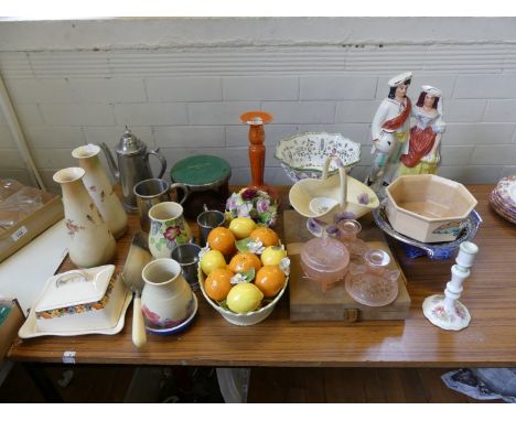 A mixed lot of various ceramics and other items to include Staffordshire flatback figure, Radford vase, various model flowers