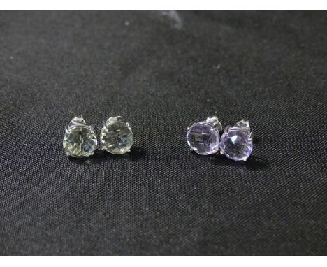 Two pairs of gem-set earringsEach designed as a stud earring, one set with amethyst and the other with prasiolite, stamped 92