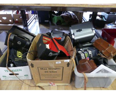 Three boxes containing various camera cases, Polaroid camera, vintage projector and other assorted items 