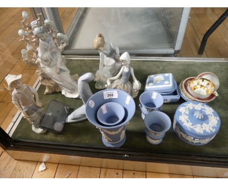 A mixed lot of various Lladro figurines, Wedgwood blue Jasperware and other items 