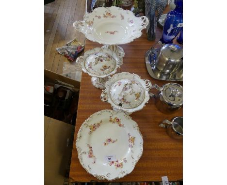 A quantity of Chamberlains Worcester floral and gilt decorated table wares comprising twin handled tazza, two pedestal sauce 