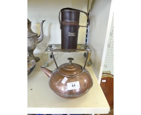 A mixed lot comprising brass trivet, small copper kettle and a Grants Scotch whiskey portable decanter set in leather case (3