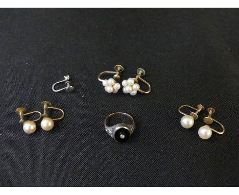 A selection of imitation pearl earringsTogether with a ring, two pairs stamped 14K 