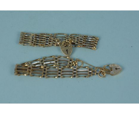 Two 9ct gold gate link bracelets with 9ct gold heart shaped padlock clasps, weight approx 19.5g (one is as found)