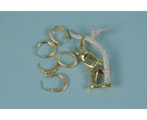 Two pairs of 14ct gold hoop earrings, together with part of a yellow metal diamond ring and a Swarovski elephant brooch in or